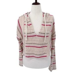 Roxy Womens Striped Cropped‎ Hoodie Cream Pink V-Neck Beach Knit Sweater Medium